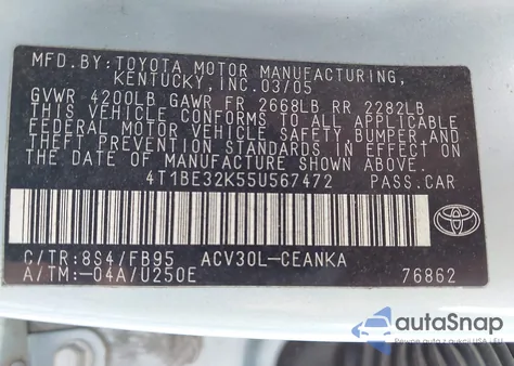 2005 Toyota Camry Le из США, поврежденный, VIN 4T1BE32K55U567472